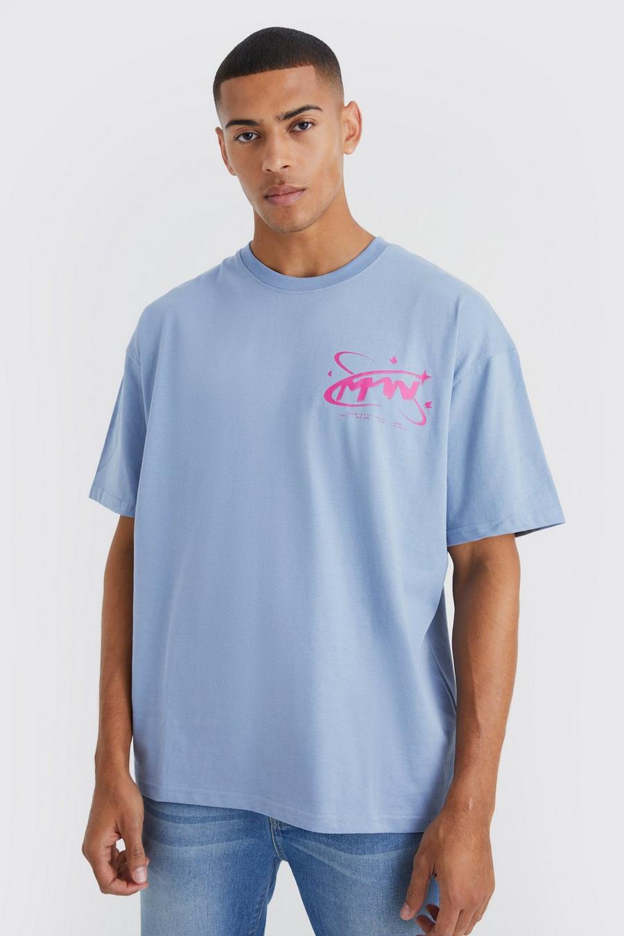 Dusty blue Oversized Man Butterfly Print T-shirt