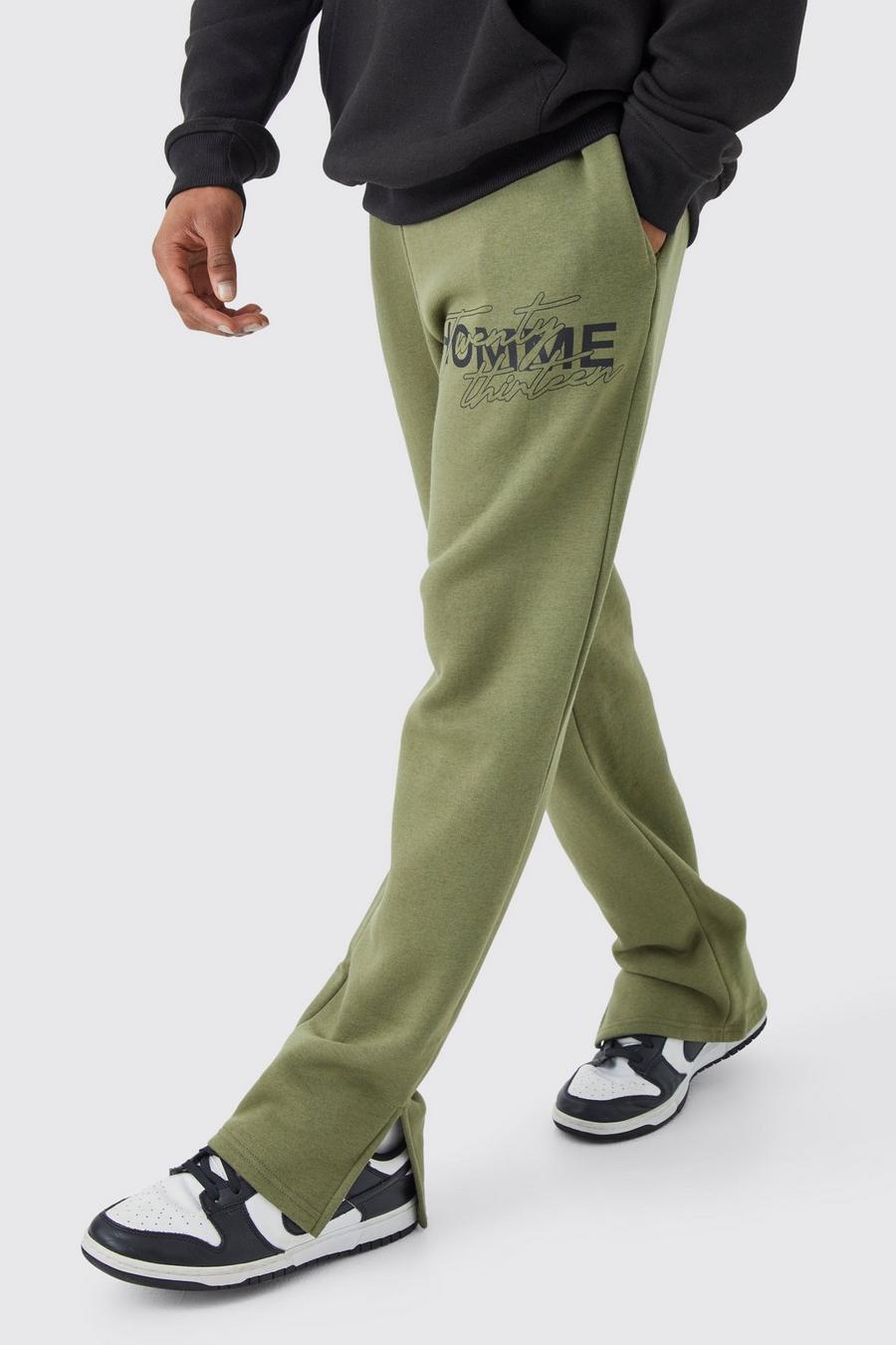 Pantalón deportivo con estampado Homme y abertura en el bajo, Khaki image number 1