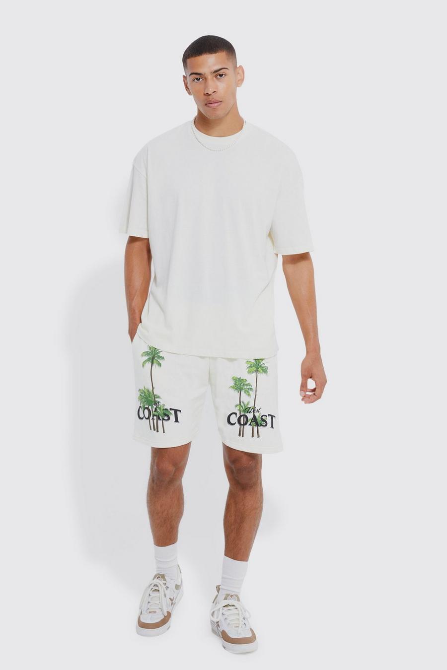 Ecru white Oversized Palm Tree Coast T-shirt & Short Set 