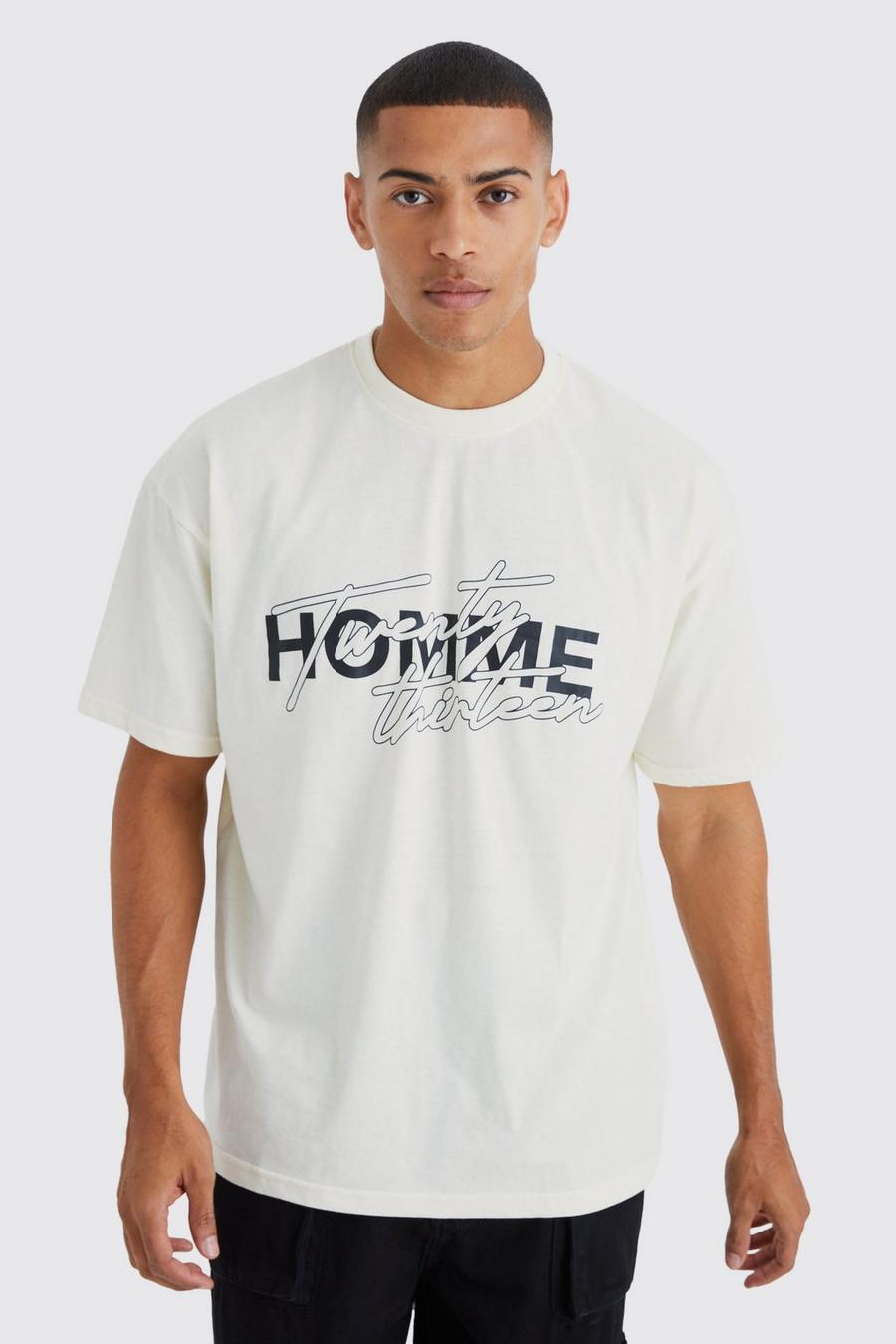 Camiseta oversize con estampado Homme, Ecru image number 1