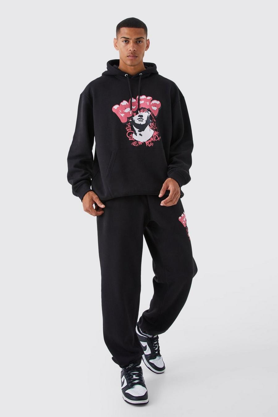 Black Oversized Homme Graphic Hooded Tracksuit image number 1
