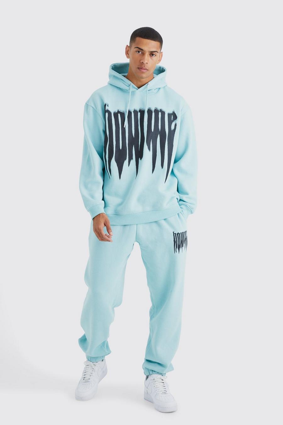 Mint green Oversized Homme Drip Print Hooded Tracksuit