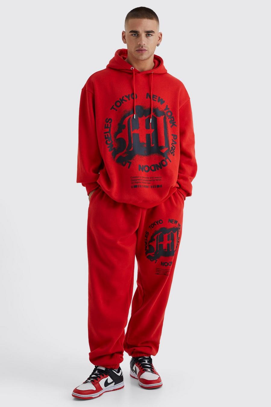 Red Oversized Gothic M Hooded Tracksuit