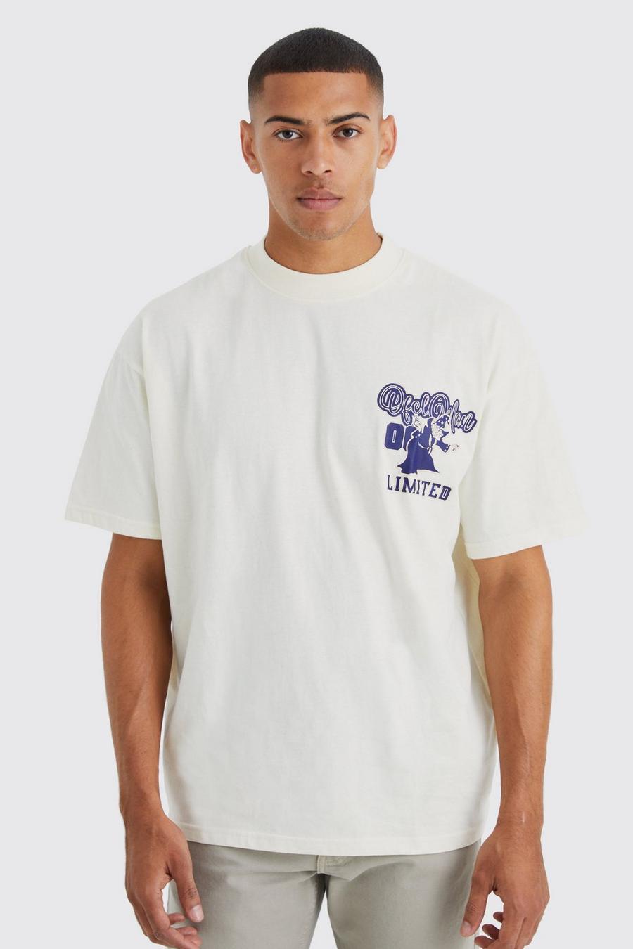 Ecru white Oversized Extended Neck Ofcl Varsity T-shirt