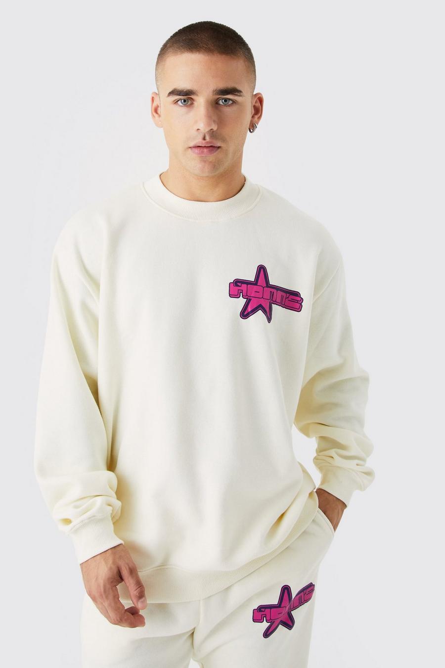 Ecru Oversized Extended Neck Homme Print Sweatshirt image number 1