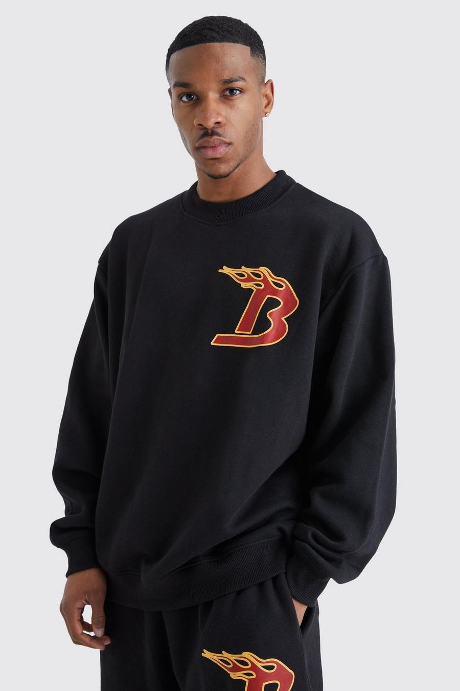 Black Oversized Extended Neck Flames Sweatshirt image number 1
