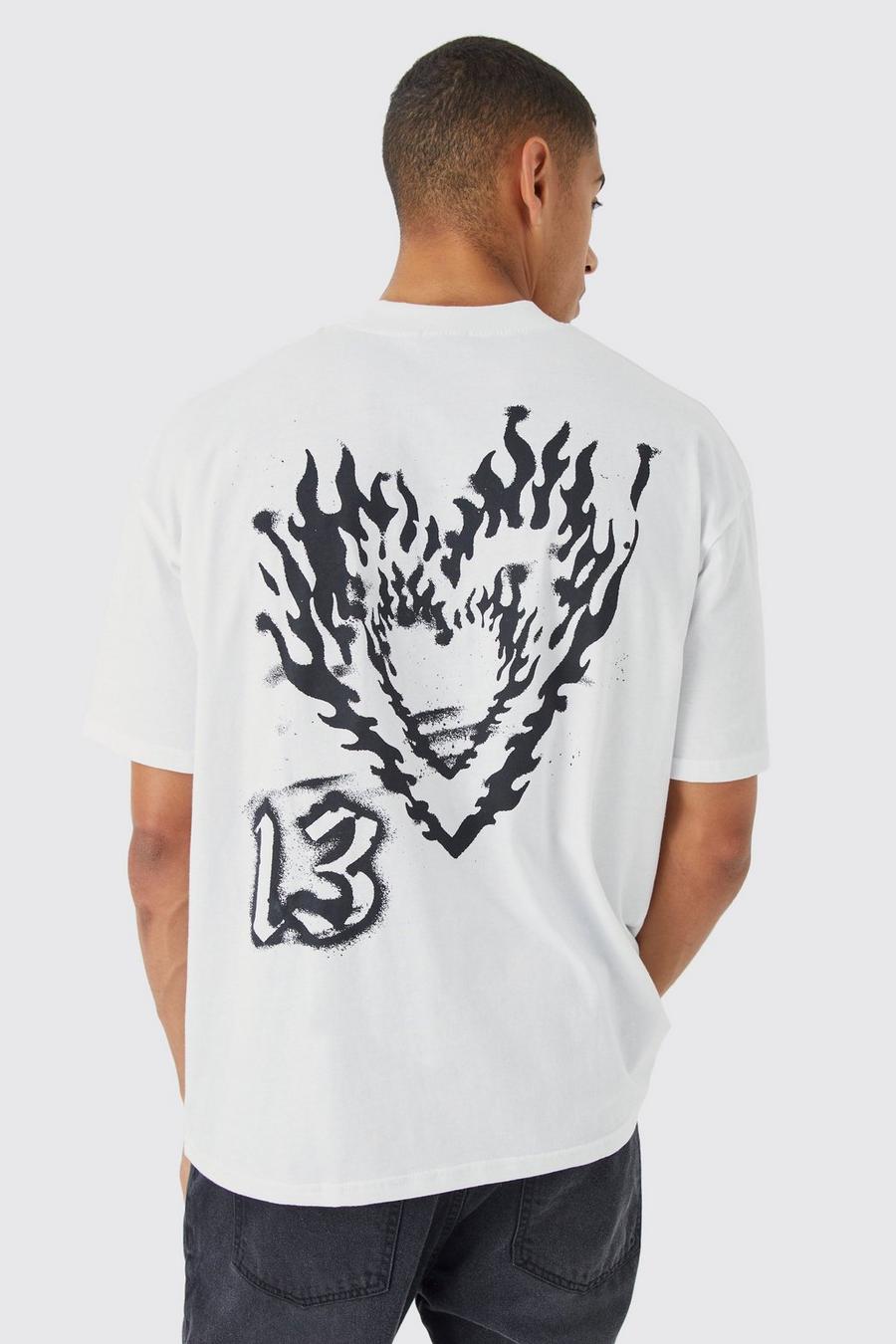 White Oversized Extended Neck Heart Flames T-shirt