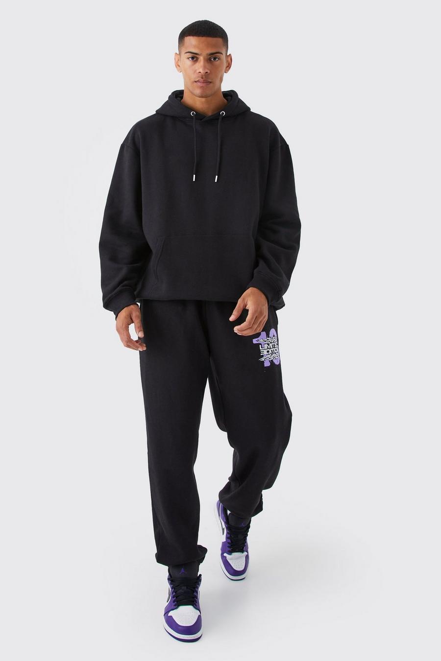 Black svart Oversized Barbed Wire Graphic Hooded Tracksuit