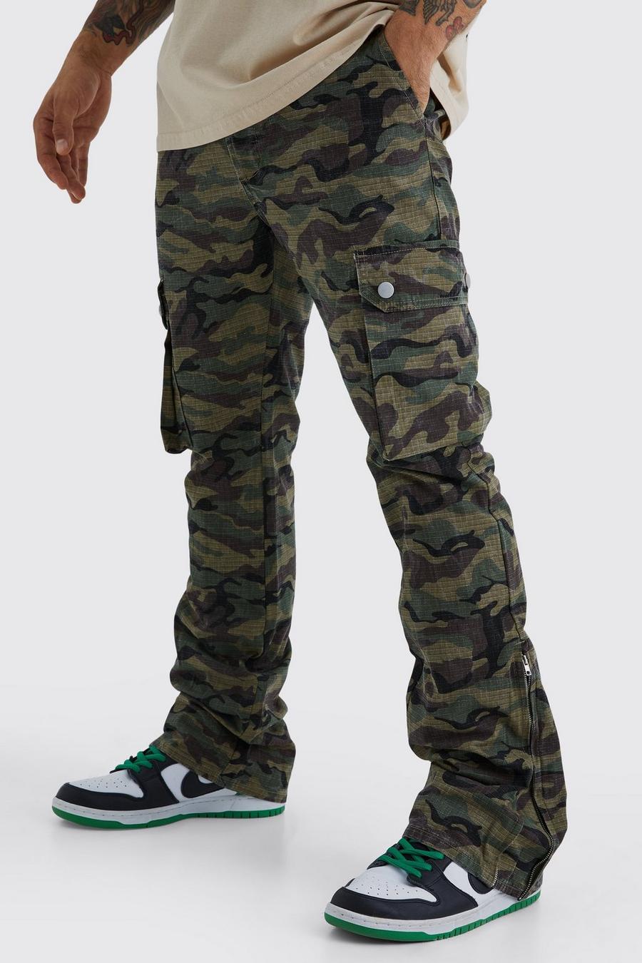 Slim Camouflage Cargo Ripstop Hose mit Reißverschluss, Khaki image number 1