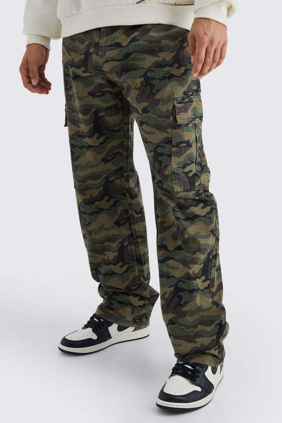 Pantalon cargo ample imprimé camouflage, Khaki image number 1