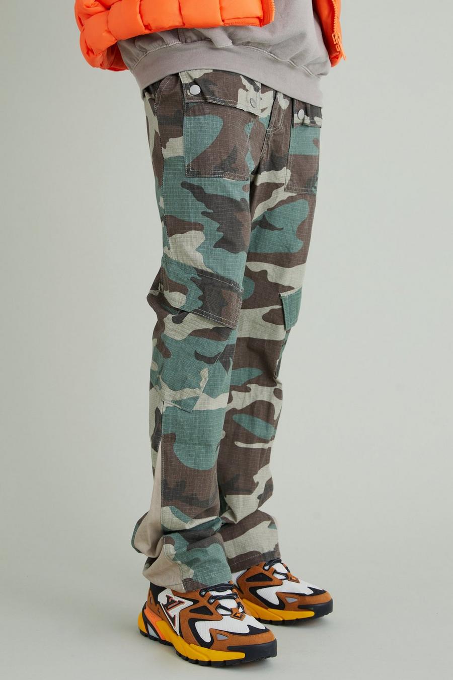 Pantalon cargo slim imprimé camouflage, Khaki kaki