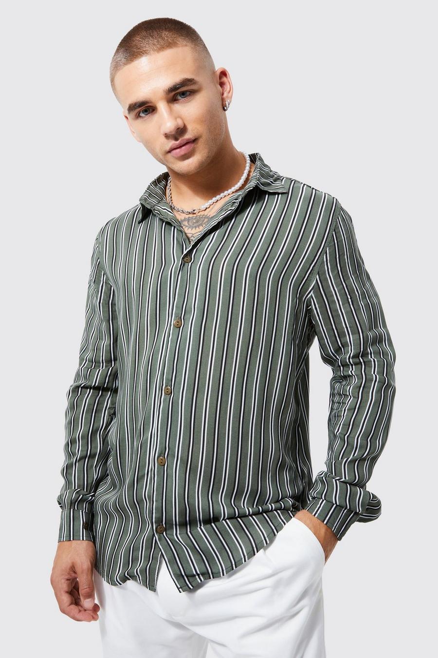 Camisa de manga larga con detalle de rayas, Khaki kaki