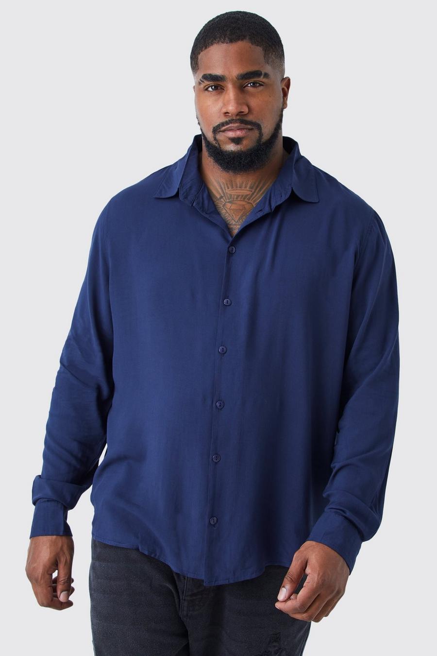 Navy marinblå Plus Viscose Long Sleeve Shirt