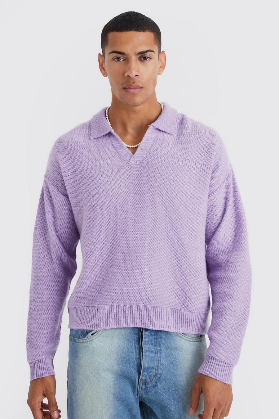 Purple Relaxed Brushed Knitted Polo