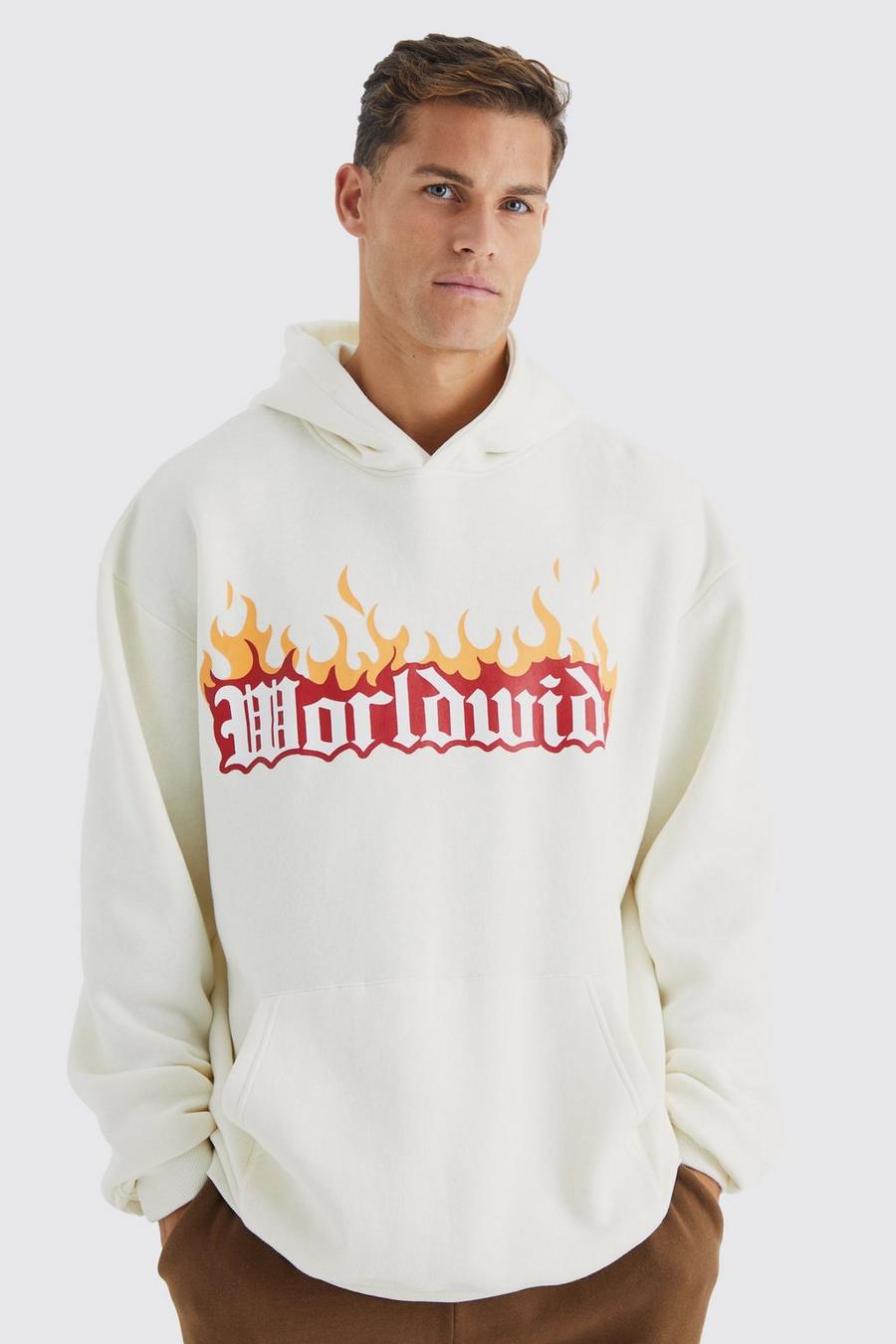 Ecru vit Tall Worldwide Oversized hoodie med eldsflammor image number 1