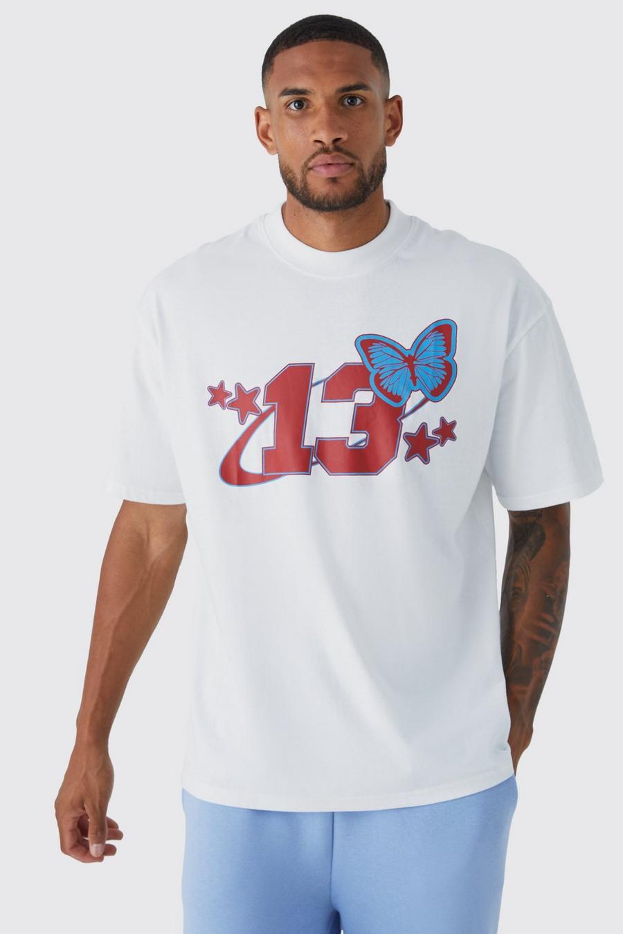 T-shirt Tall oversize con farfalle e girocollo esteso, White bianco