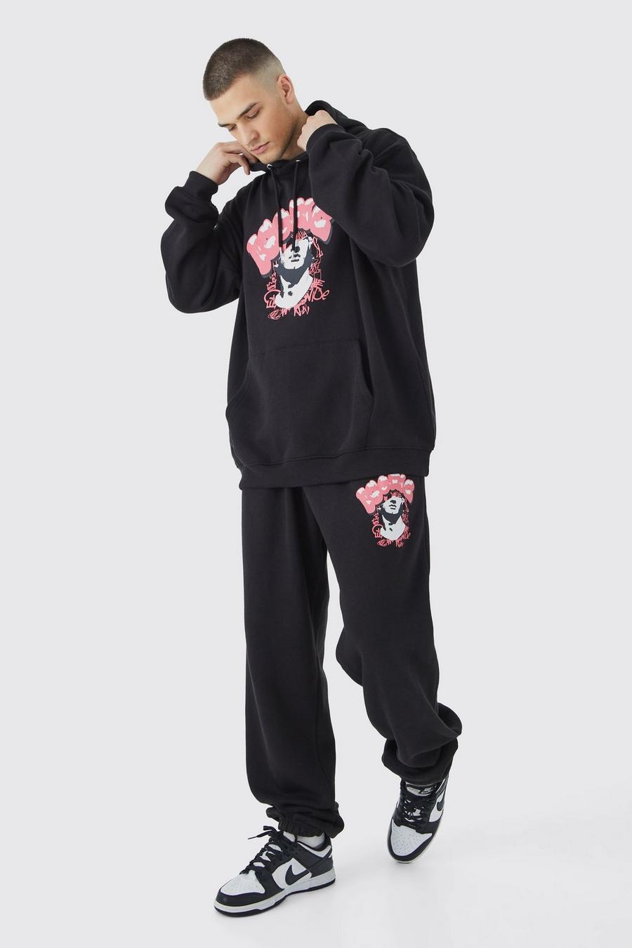 Black Tall Oversized Homme Graphic Hooded Tracksuit