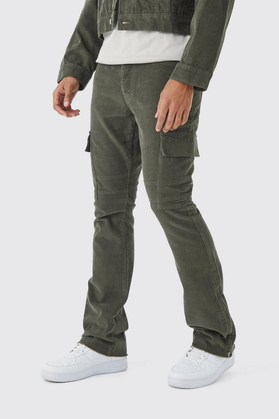 Olive green Fixed Waist Slim Flare Zip Gusset Cord Cargo Trouser