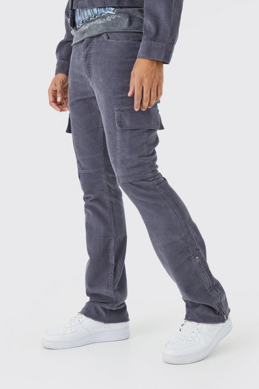 Charcoal gris Fixed Waist Slim Flare Zip Gusset Cord Cargo Trouser