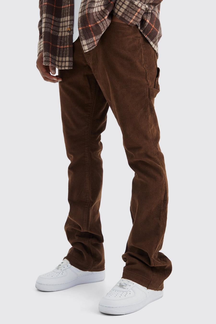 Chocolate brown Fixed Waist Slim Flare Carpenter Detail Cord Trouser