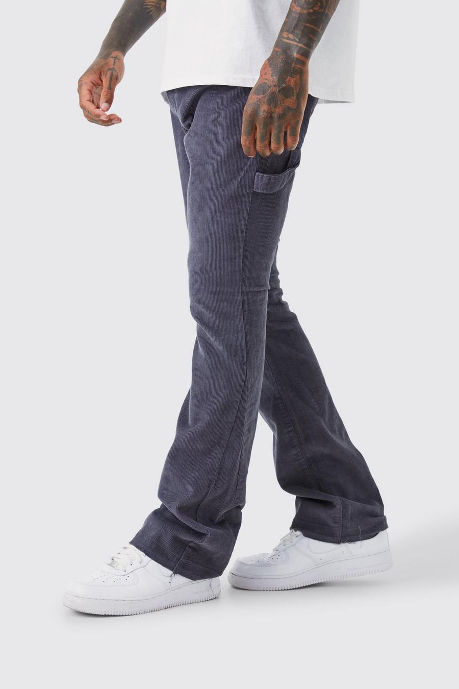Charcoal grey Fixed Waist Slim Flare Carpenter Detail Cord Trouser