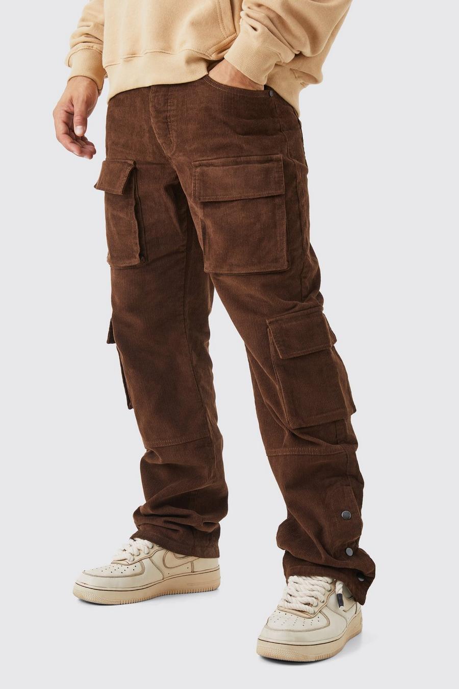 Chocolate brown Fixed Waist Relaxed Multi Cargo Popper Hem Cord Trouser