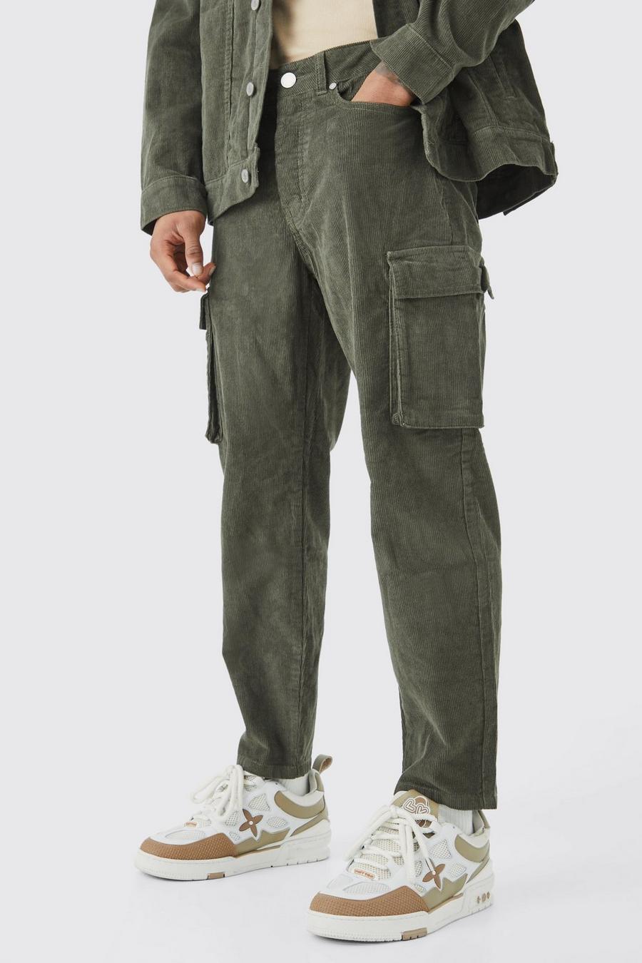 Olive green Fixed Waist Relaxed Tapered Cargo Cord Trouser