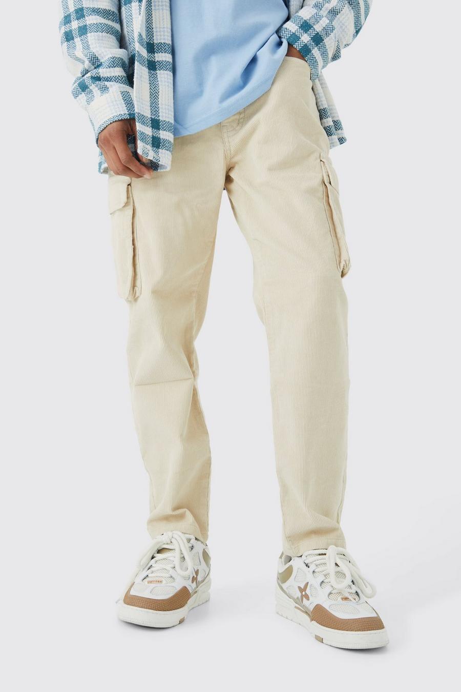 Stone Fixed Waist Relaxed Tapered Cargo Cord Trouser image number 1