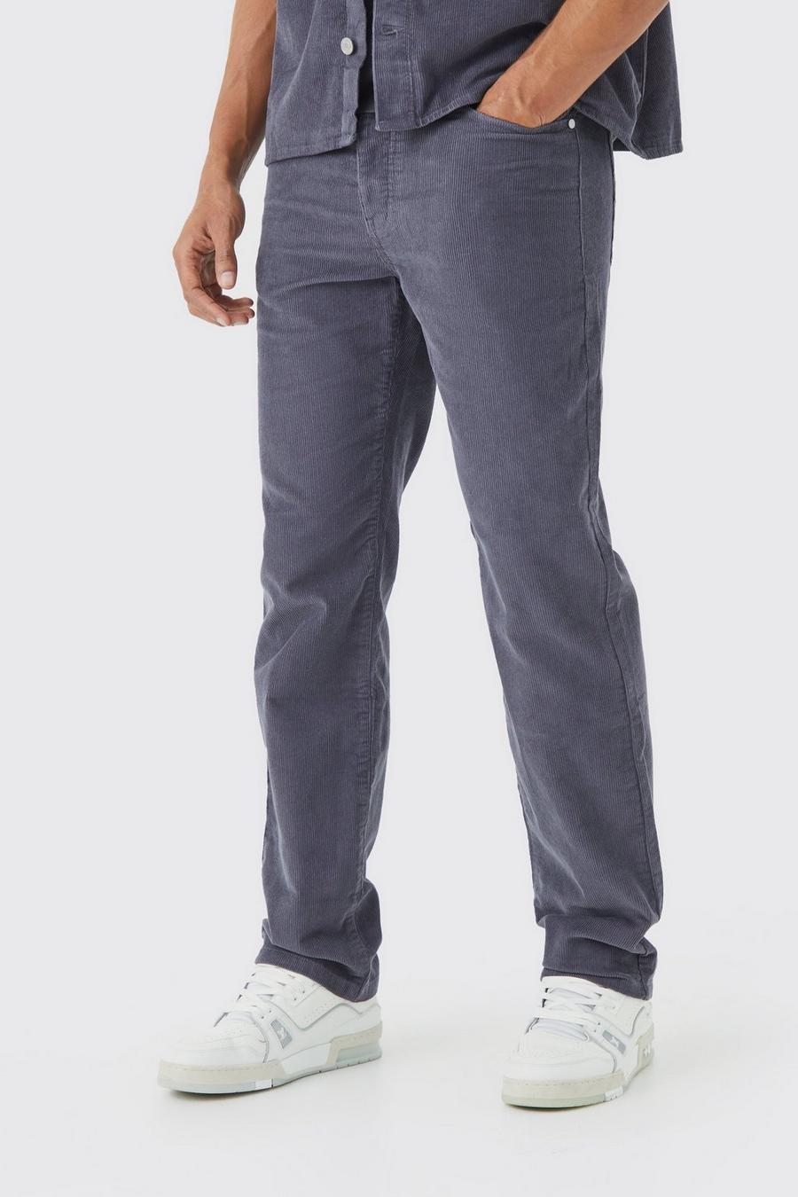 Pantaloni rilassati in velluto a coste con vita fissa, Charcoal gris
