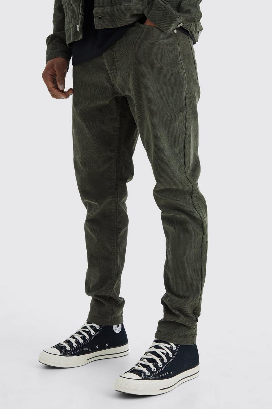 Pantaloni affusolati in velluto a coste con vita fissa, Olive image number 1