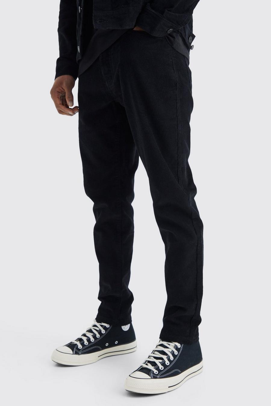 Black Fixed Waist Tapered Cord Trouser