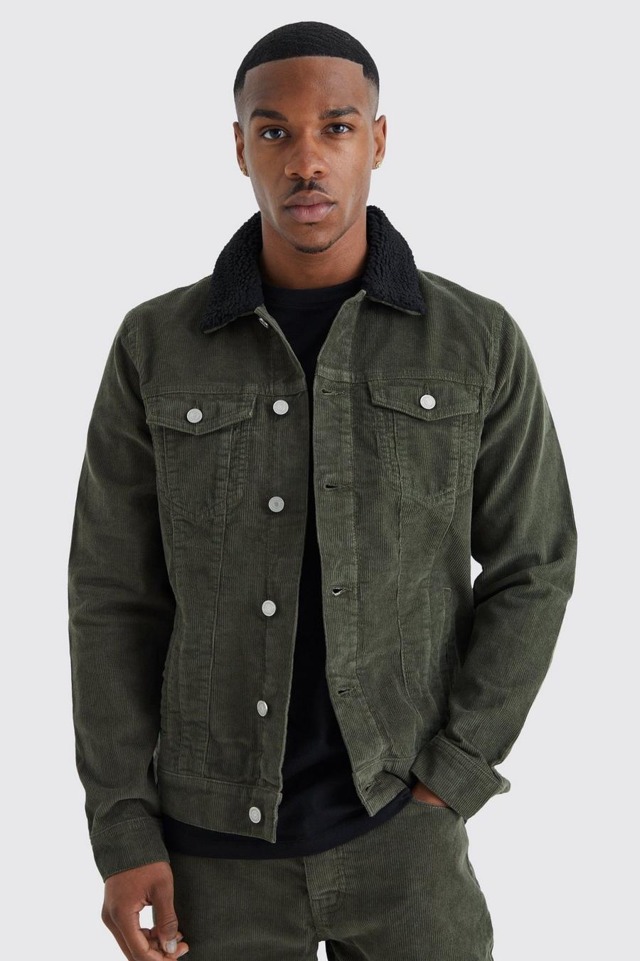 Olive verde Regular Fit Cord Jacket With Borg Collar