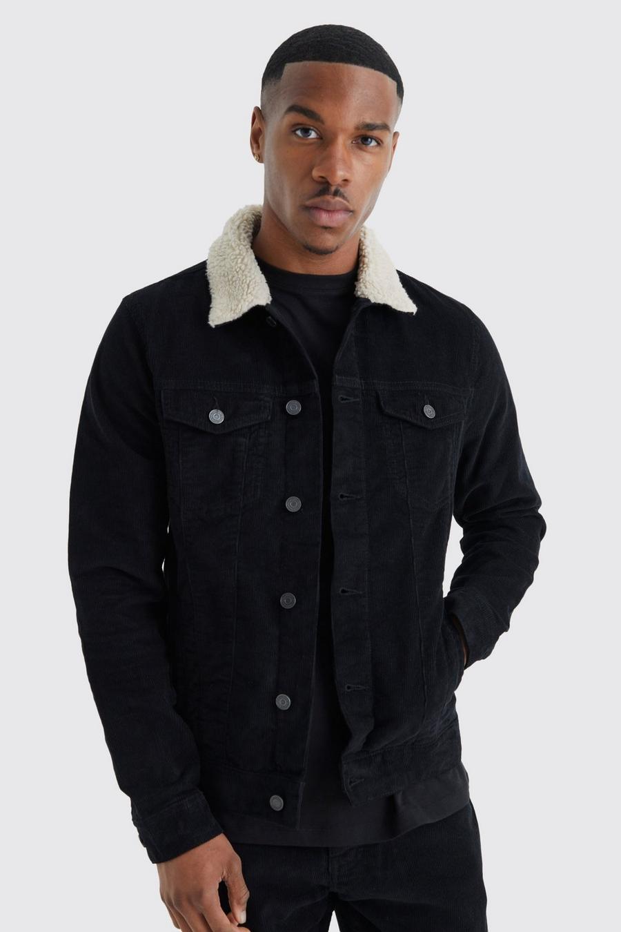 Black Regular Fit Cord Jacket With Borg Collar