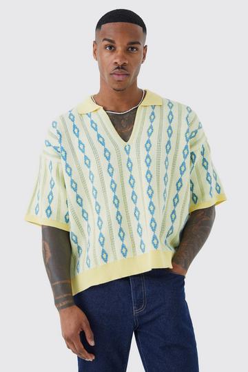 Boxy V Neck Jacquard Knitted Polo yellow