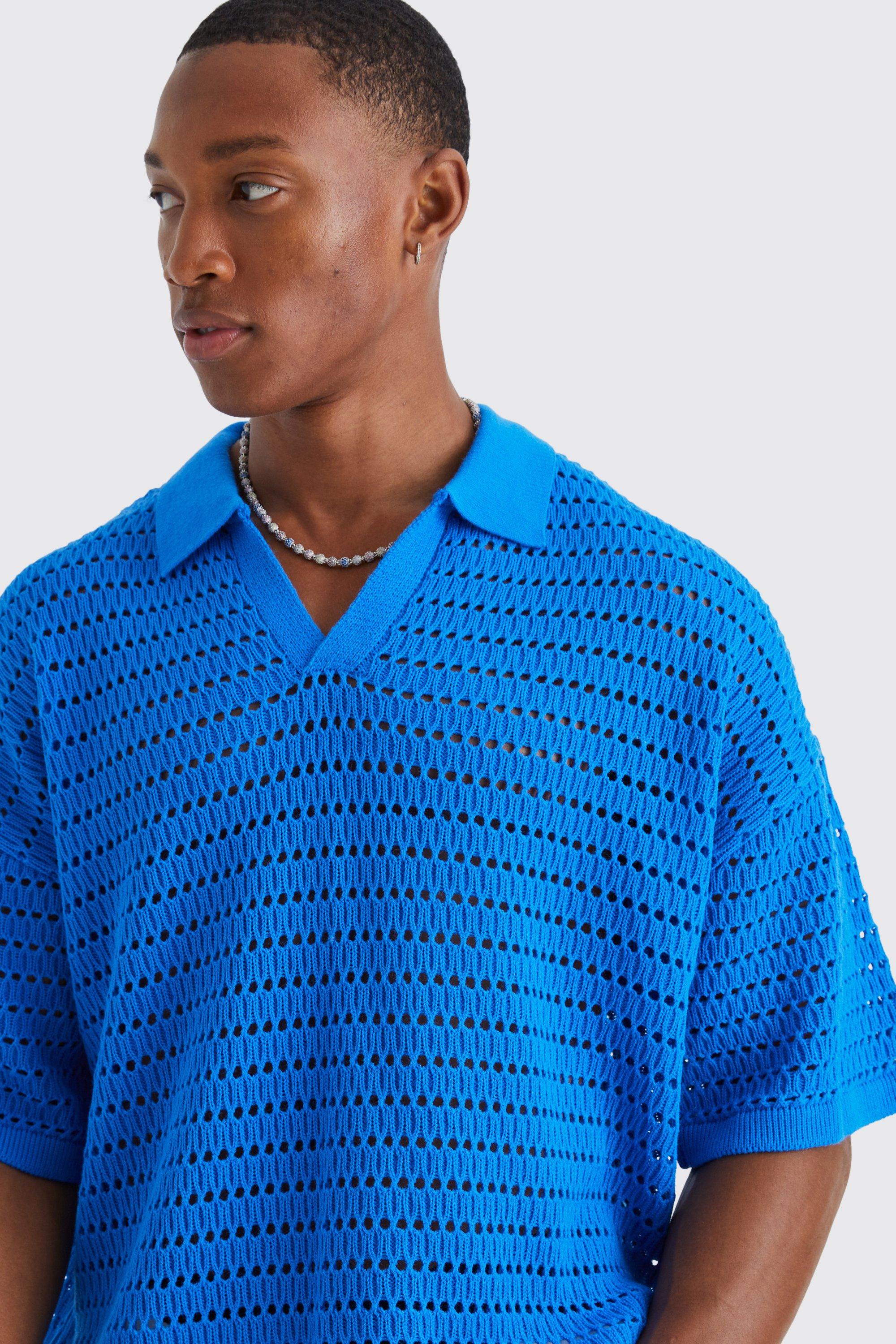 Boxy V Neck Open Knit Polo