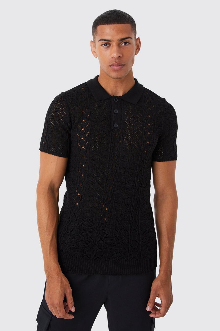 Black Short Sleeve Muscle Fit  Sheer Texture Polo