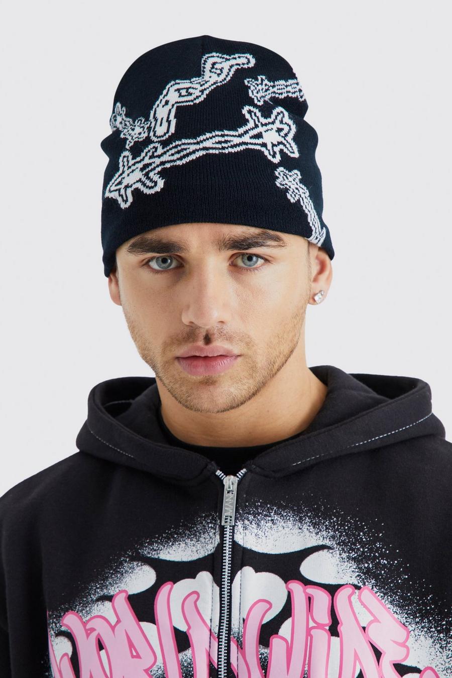 Black Barbed Wire Jacquard Beanie image number 1