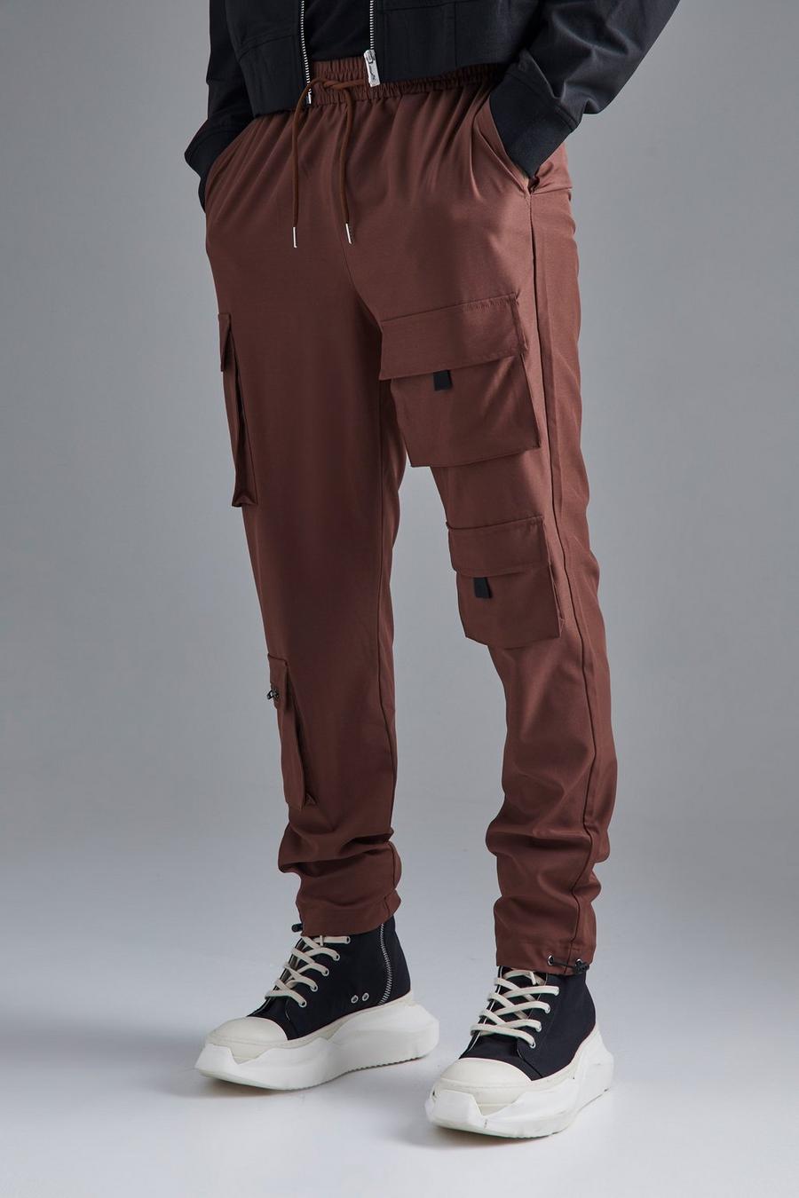 Pantalón ajustado elástico con multibolsillos cargo, Chocolate image number 1