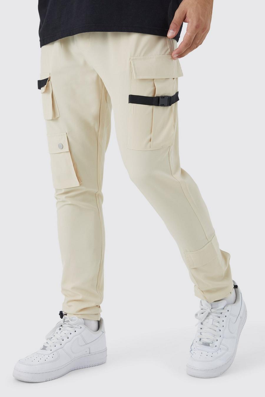 Stone beige Skinny Multi Pocket Cargo Buckle Trouser