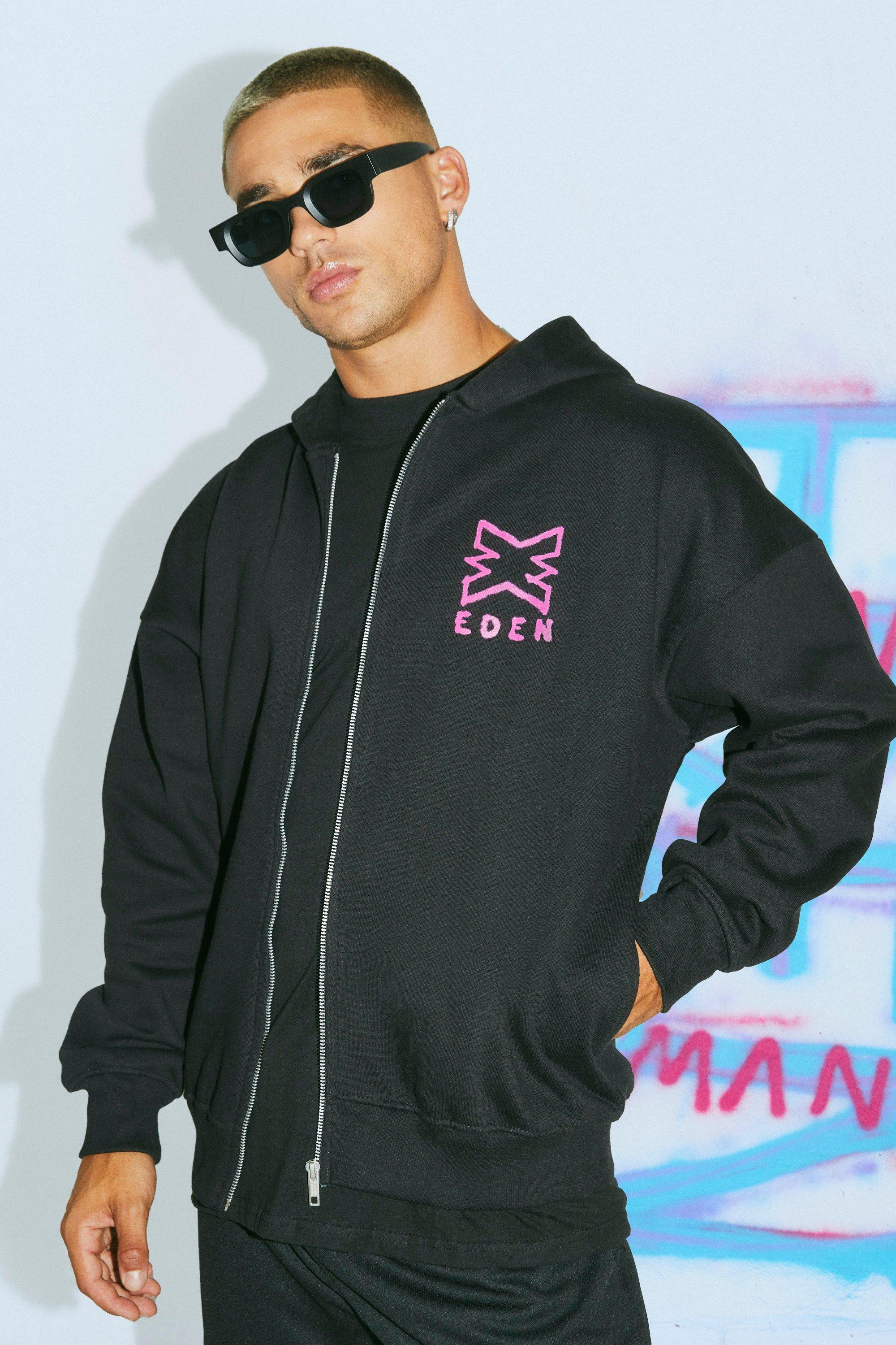Eden X Man Oversized Boxy Zip Thru Hoodie | boohoo DK
