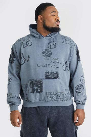 Charcoal Grey Plus Oversized Boxy Washed Graffiti Hoodie