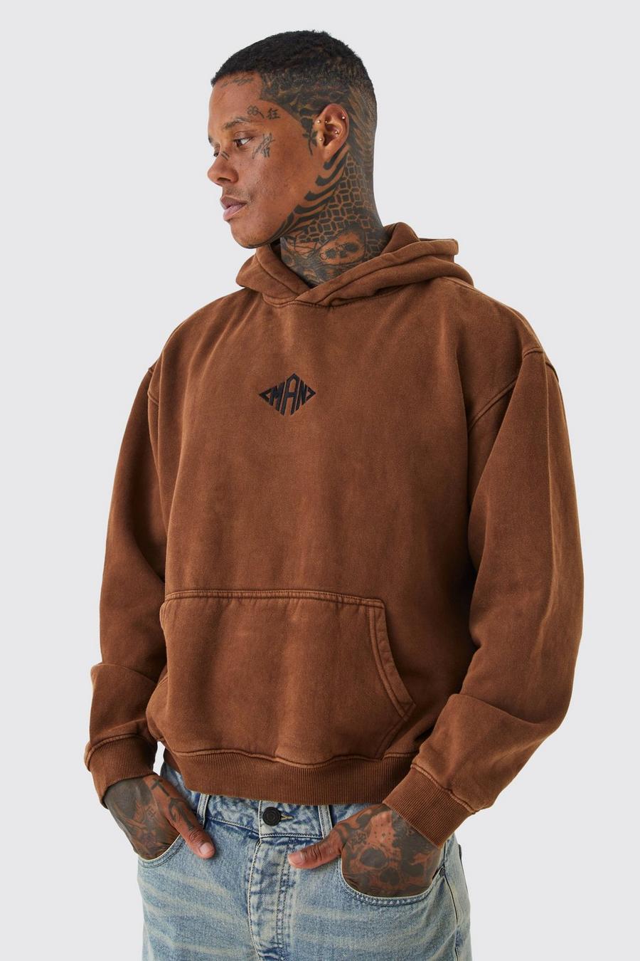 Chocolate brown Man Oversized Boxy Acid Washed Hoodie image number 1