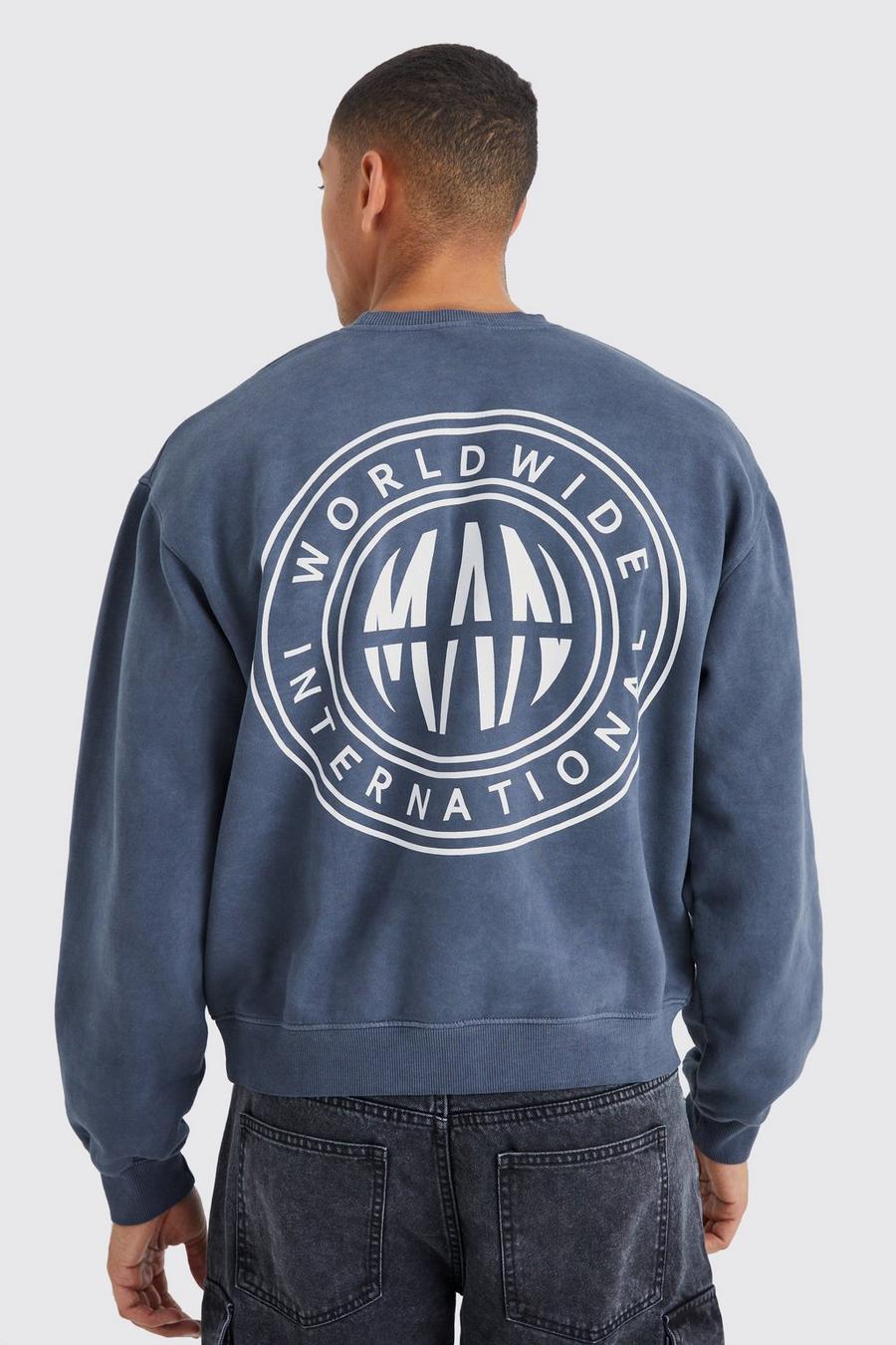 Kastiges Oversize Sweatshirt mit Print und Acid-Waschung, Charcoal grey