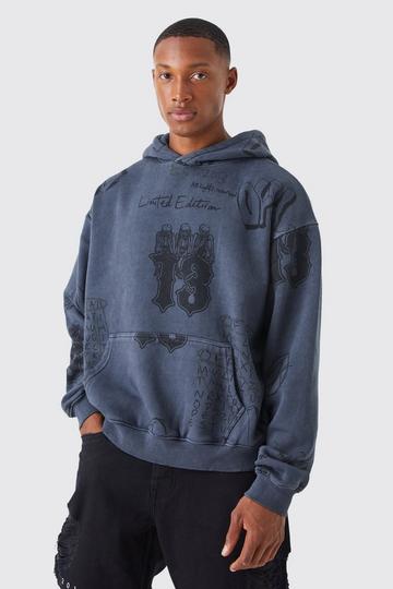 Oversized Boxy Acid Wash Gebleekte Graffiti Hoodie charcoal