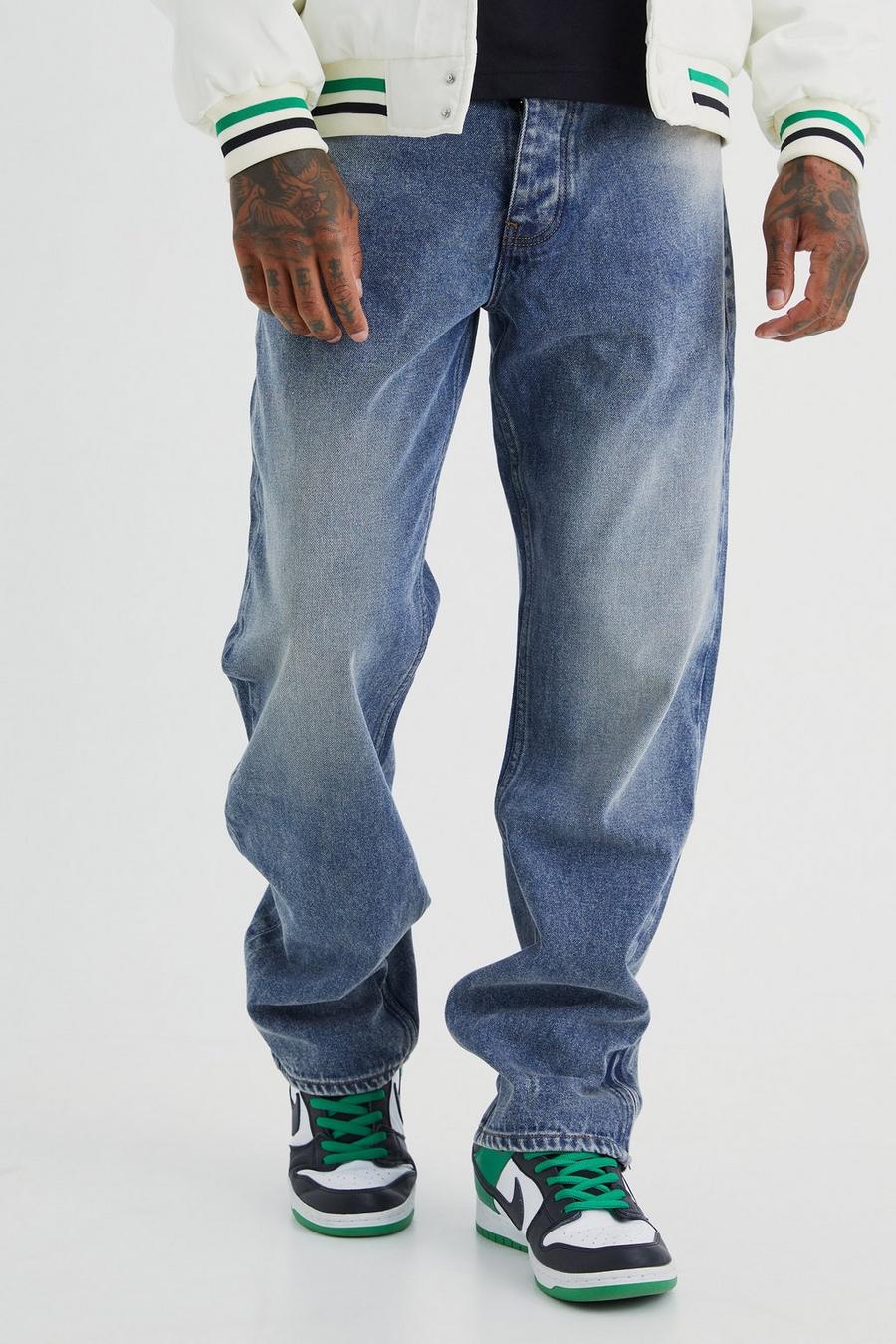 Jeans rilassati in denim rigido con zip sul fondo, Antique wash image number 1