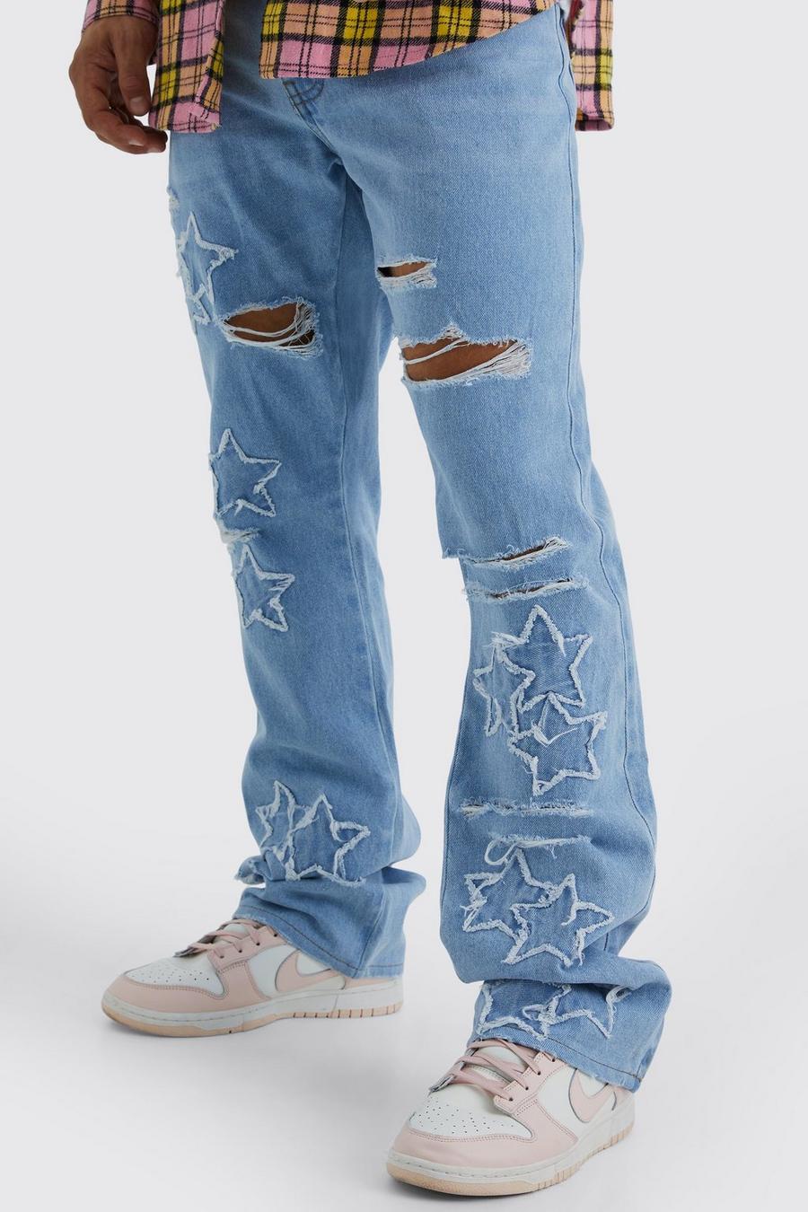 Ice blue Slim Rigid Flare Star Applique Jeans image number 1