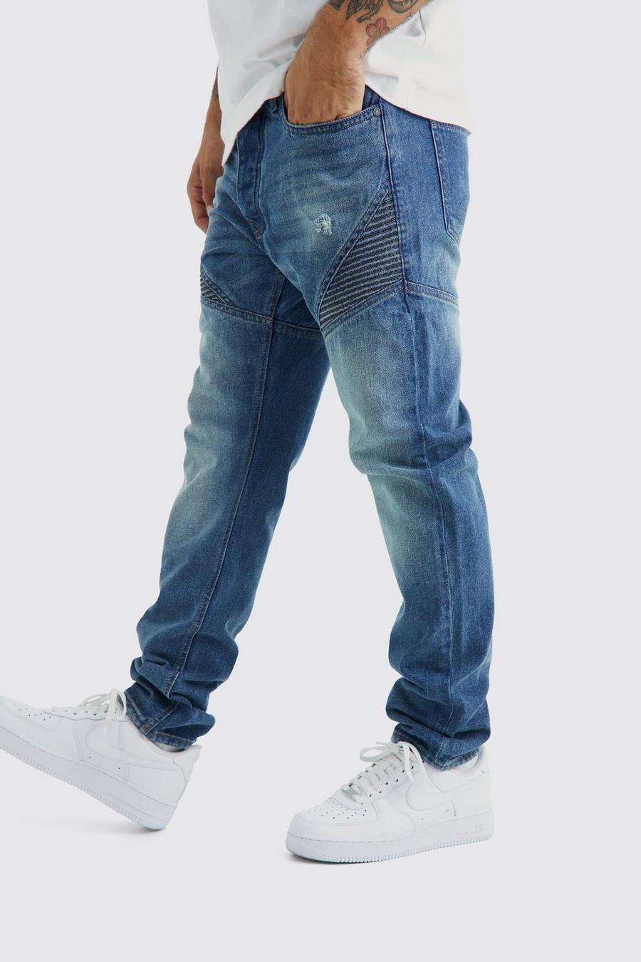 Jeans stile Biker Slim Fit in denim rigido con pannelli, Vintage blue image number 1