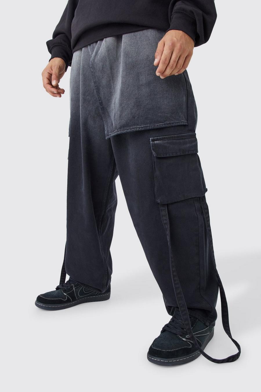 Black Baggy jeans med ombréeffekt och elastisk midja med låg gren image number 1