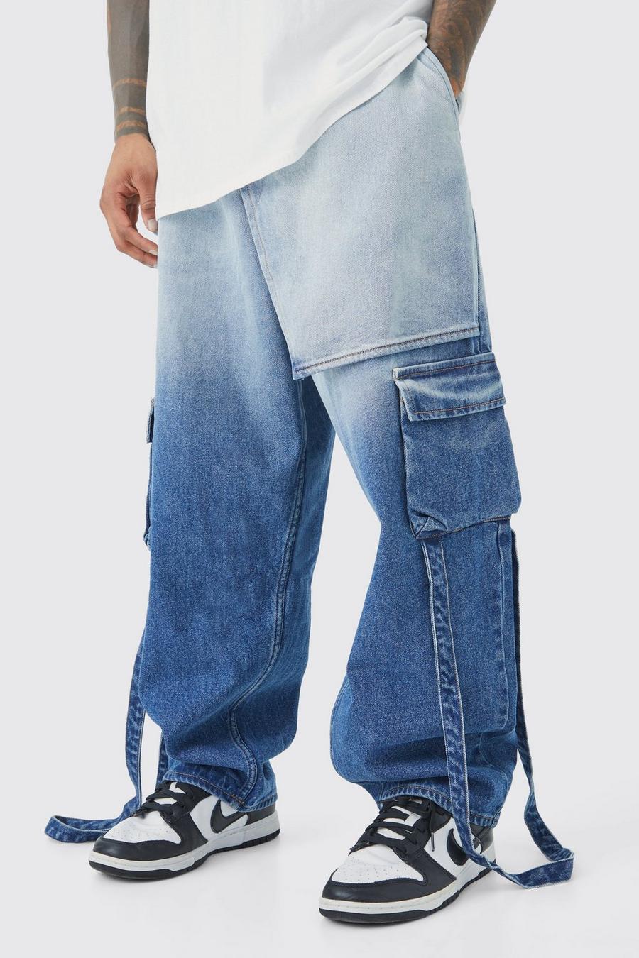 Antique wash Elastic Waist Dropped Crotch Baggy Ombre Jeans image number 1