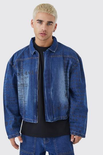 Blue Boxy Fit All Over Text Laser Print Denim Jacket